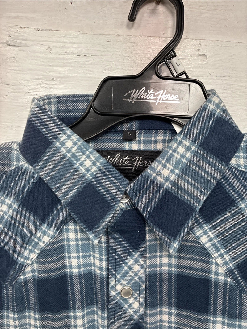 New Men’s White Horse Blue Plaid Long Sleeve Pearl Snap Large V-51