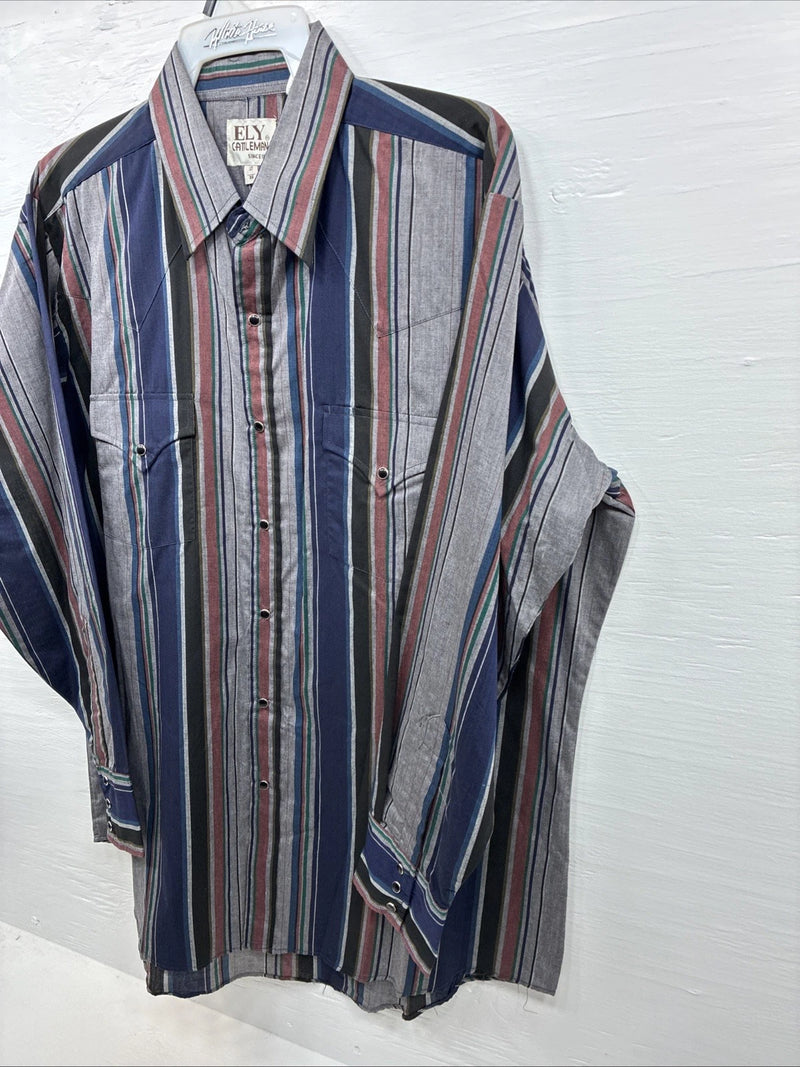 New Men’s ELY Cattleman Multiple Color Striped Long Sleeve Pearl Snap XL J-26