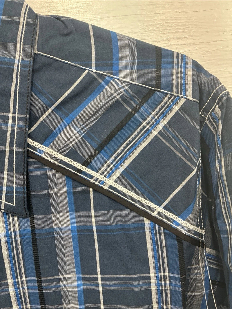 New Men’s ELY 1878 Blue Plaid Short Sleeve Pearl Snap XL R-48
