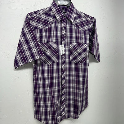 New Men’s White Horse Purple Short Sleeve Pearl Snap Small B-46