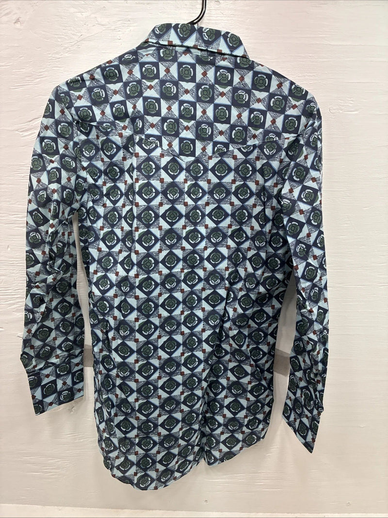 New Mens Denver Blue Design Long Sleeve Pearl Snap 14.5 Small AA-80 