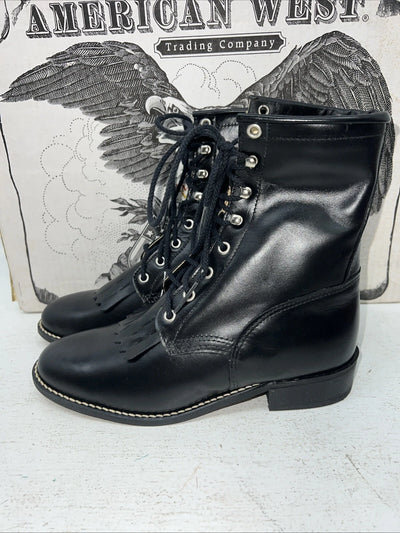 New Women’s Black Lace Up American West Cowboy Boots. 5991 7.5 7 1/2 W. 17-53