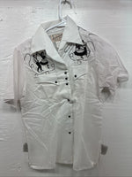 New Kids Rockmount White Black Design Short Sleeve Pearl Snap Size 34 CC-104