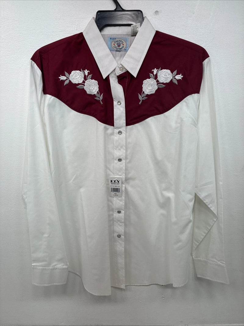 New Women’s Country Charmers White Rose Design Long Sleeve Pearl Snap XL GG-52