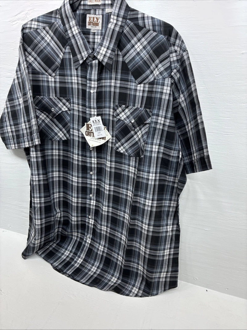 New Men’s ELY Cattleman Grey Black Short Sleeve Pearl Snap 3XL E-40