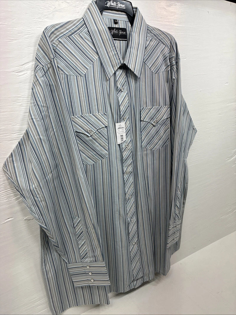 New Men’s White Horse Multiple Color Stripe Long Sleeve Pearl Snap 2XL H-48