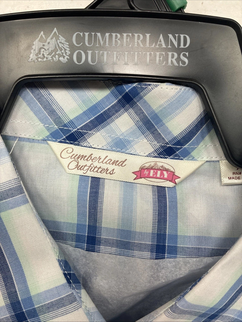 New Women’s Cumberland Blue Plaid Long Sleeve Pearl Snap XL GG-65