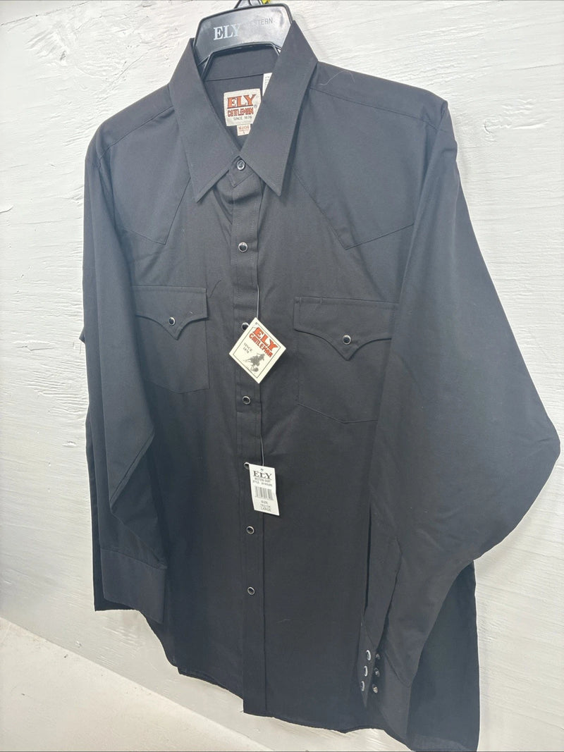 New Men’s  ELY Cattleman Black Long Sleeve Pearl Snap 16.5 X 34 Large V1-100