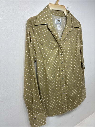 New Women’s Dickson Jenkins Tan Polkadot Long Sleeve Pearl Snap Size 34 KK-62