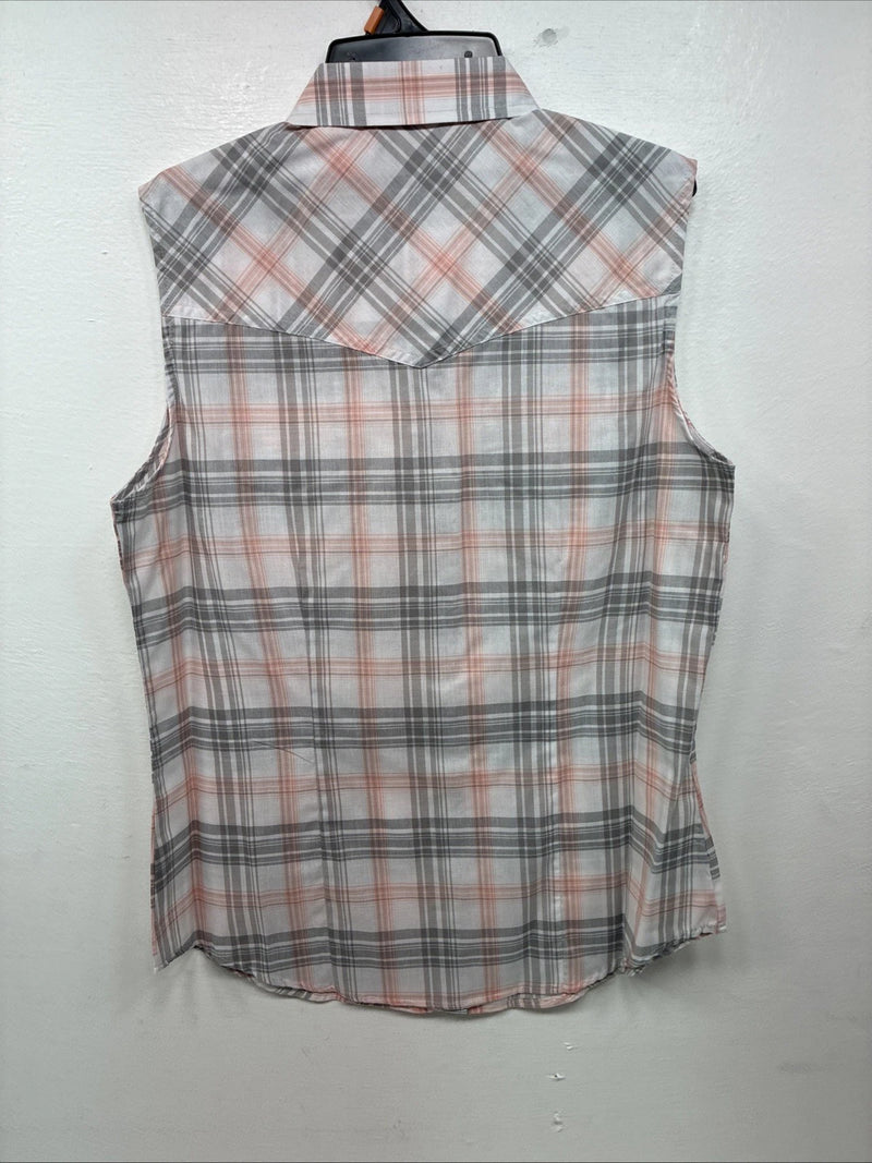 New Women’s Cumberland Gray Pink Plaid Short Sleeve Pearl Snap Medium LL-106