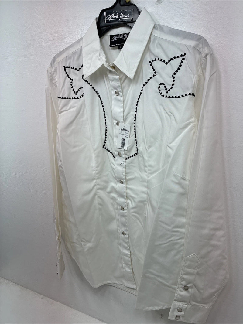 New Women’s White horse White Design Long Sleeve Pearl Snap Large KK-123