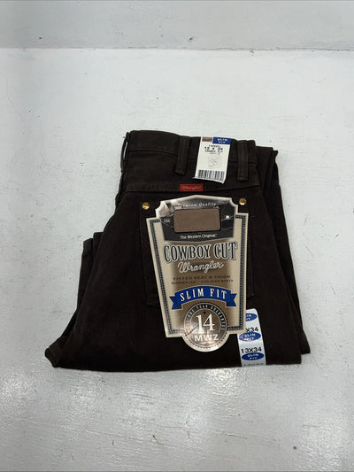 New Men’s Cowboy Cut Slim Fit Brown Denim Wrangler Jeans. 13x34 F-30