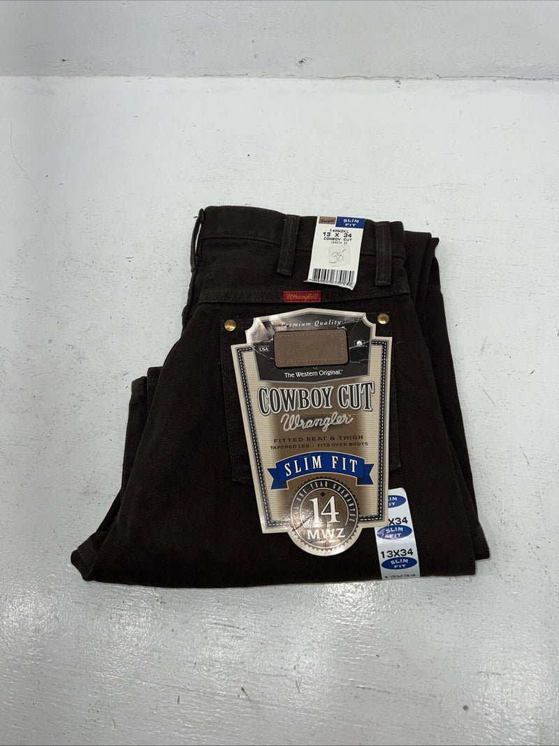 New Men’s Cowboy Cut Slim Fit Brown Denim Wrangler Jeans. 13x34 F-30