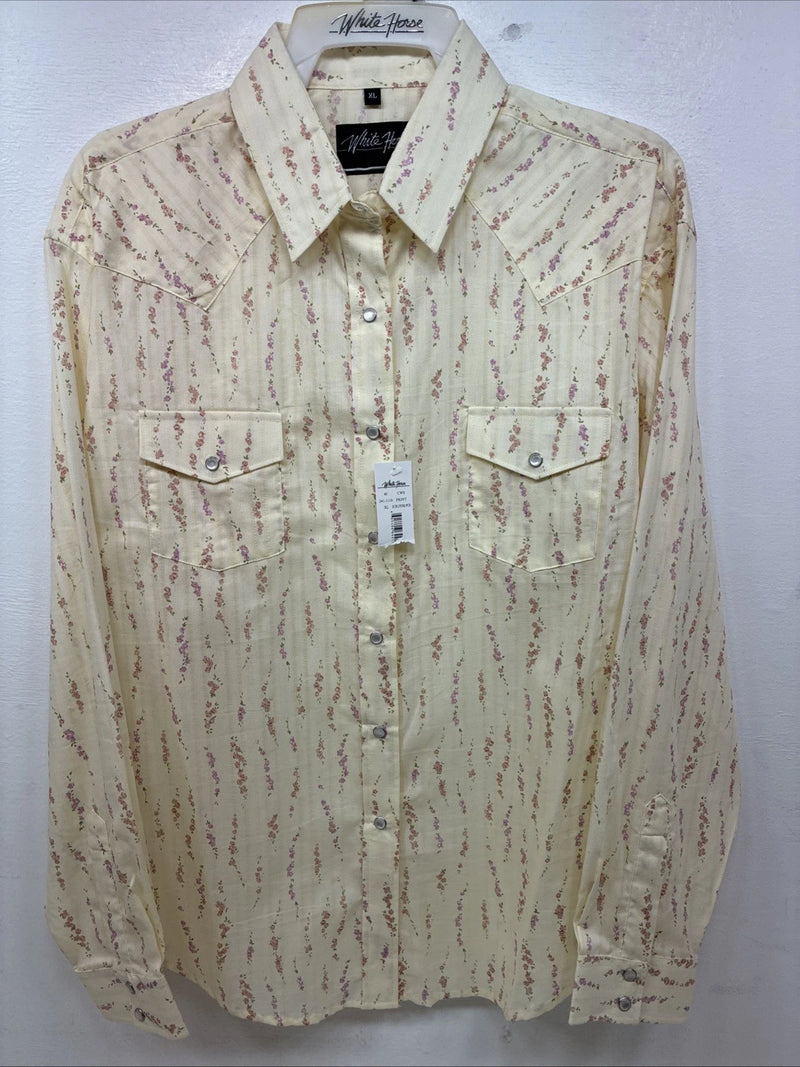 New Women’s White Horse Yellow Floral Long Sleeve Pearl Snap Size XL YY-46 