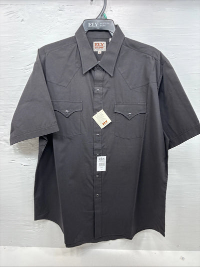 New Men’s ELY Cattleman Simple Black Short Sleeve Pearl Snap 18 2XL K-68