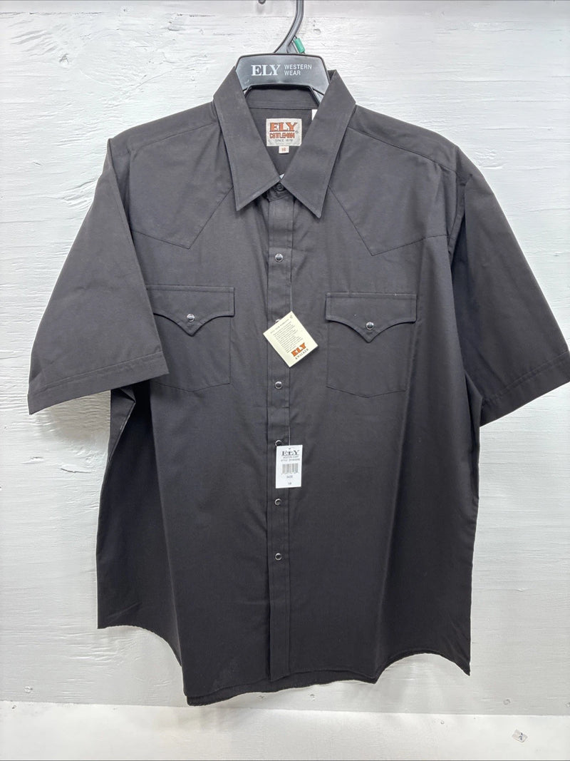 New Men’s ELY Cattleman Simple Black Short Sleeve Pearl Snap 18 2XL K-68