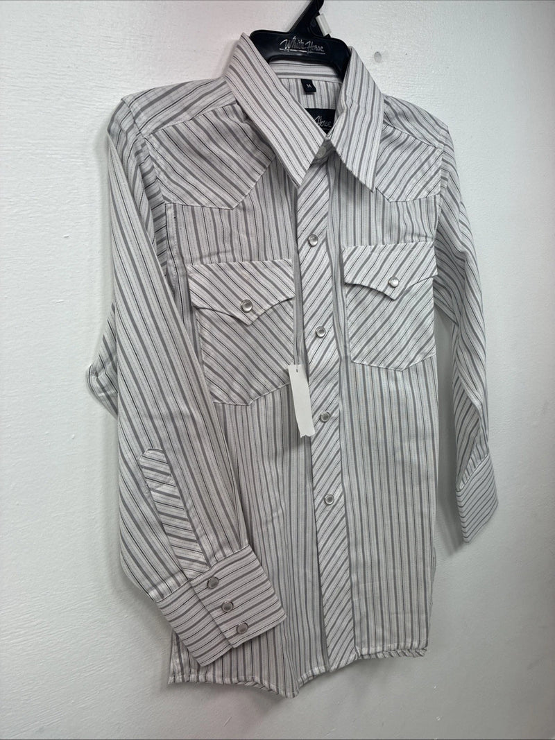 New Kids White Horse Gray Stripe Long Sleeve Pearl Snap Medium DD-57