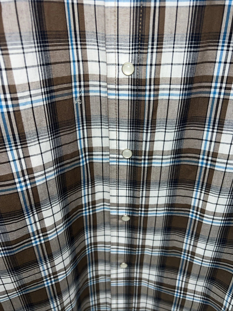 New Men’s Brown Plaid ELY Cattleman Short Sleeve Pearl Snap Shirt. XL Tall S-29