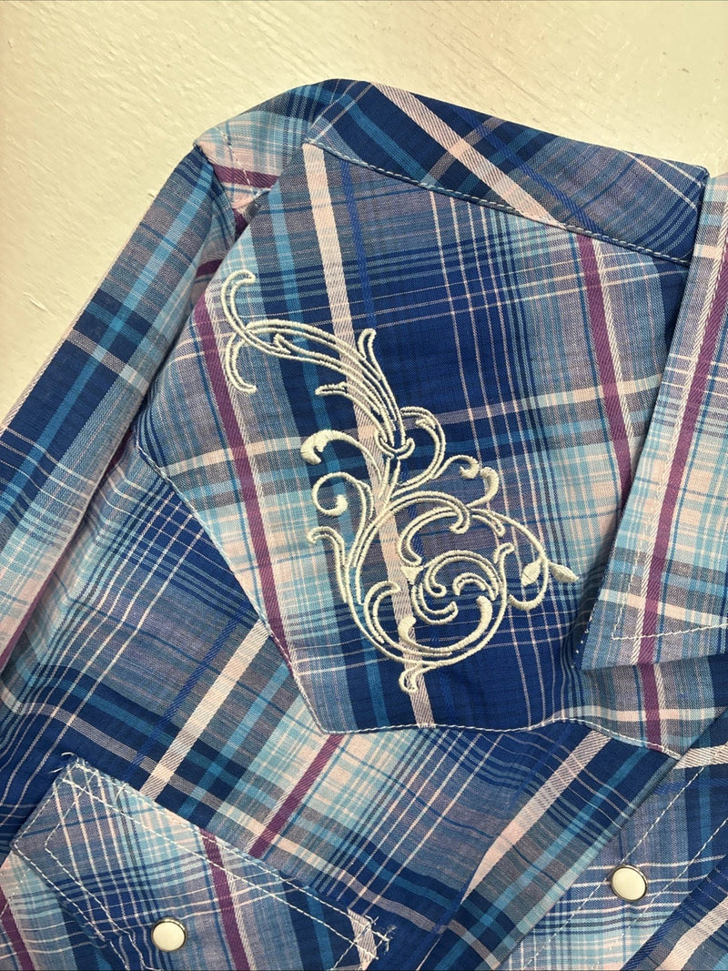 New Women’s Cumberland Blue Plaid Long Sleeve Pearl Snap XL GG-59