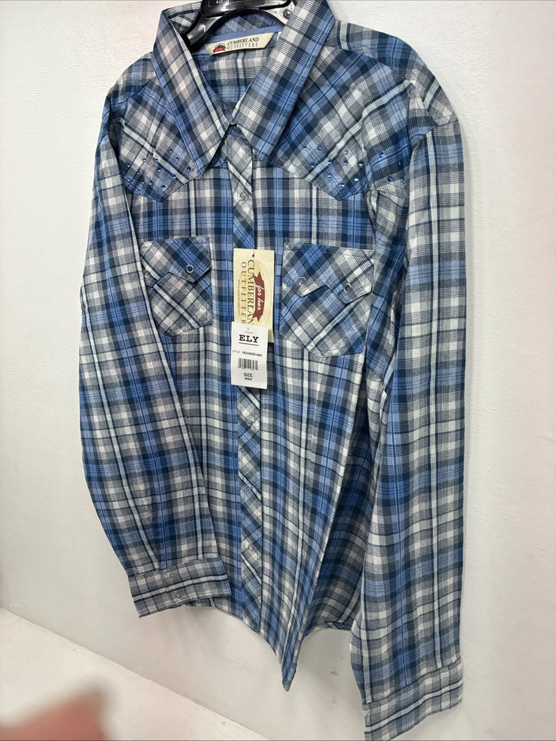 New Women’s Cumberland Blue Plaid Long Sleeve Pearl Snap 3XL GG-58