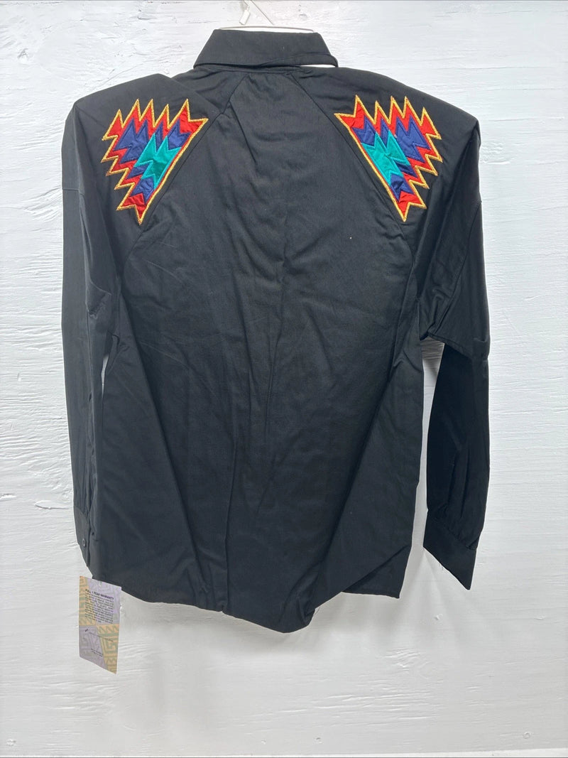 New Men’s Wrangler Black Western Design Long Sleeve Hidden Button Up Small J-62