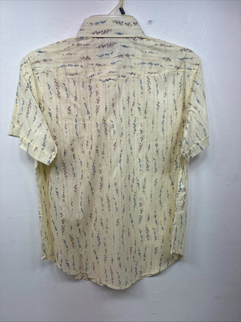 New Women’s White Horse Yellow Floral Short Sleeve Pearl Snap Medium II-97