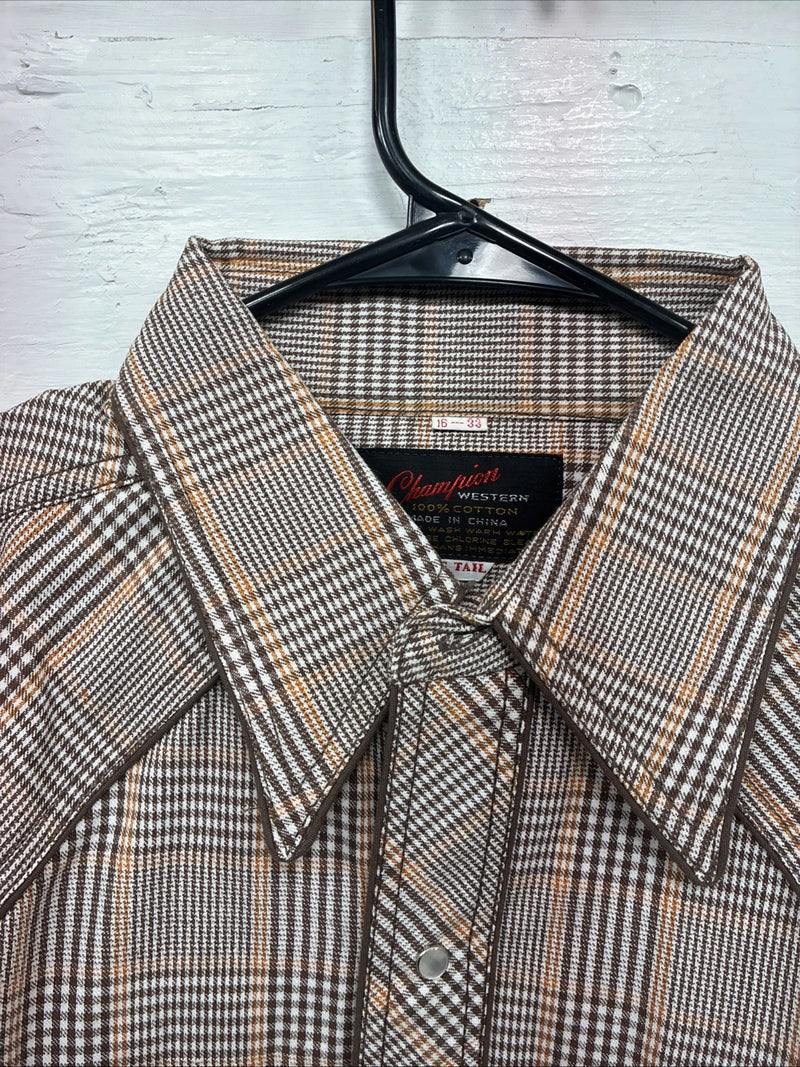 New Men’s Champion Western Brown Plaid Long Sleeve Pearl Snap 16 Large M-86