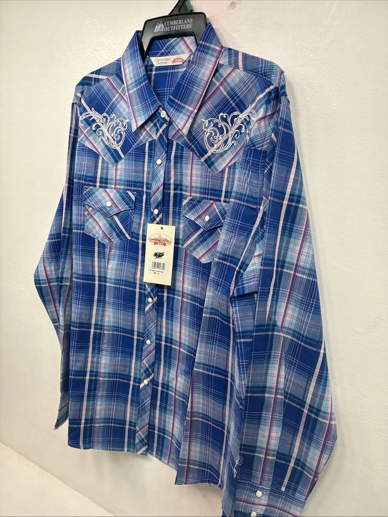 New Women’s Cumberland Blue Purple Plaid Long Sleeve Pearl Snap XL GG-81