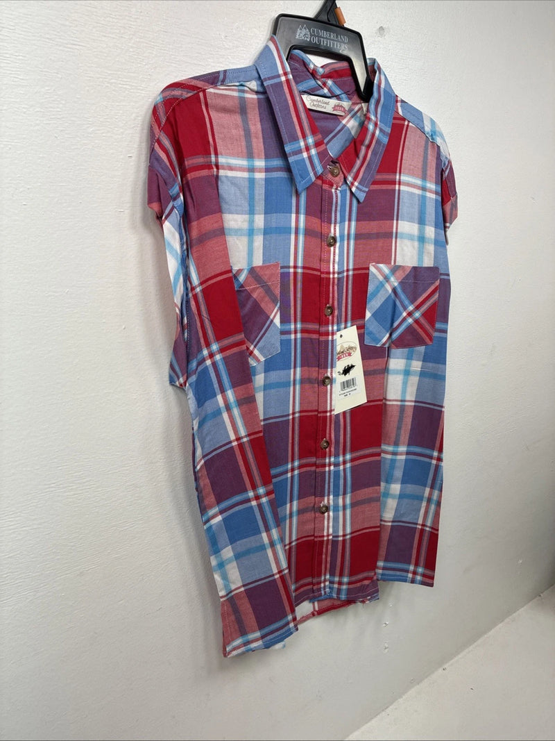 New Women’s Cumberland Red Blue Plaid short Sleeve Button Up Medium LL-51