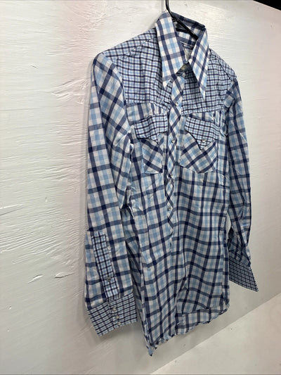 New Men’s Stockman Blue Plaid Long Sleeve Pearl Snap 14.5 Small AA-67