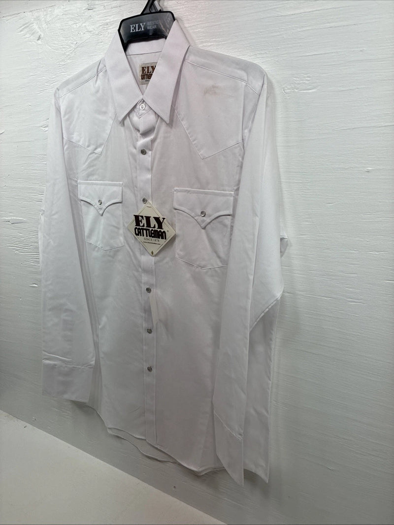 New Men’s ELY Cattleman White Western Long Sleeve Pearl Snap 16 X 35 Large T-62
