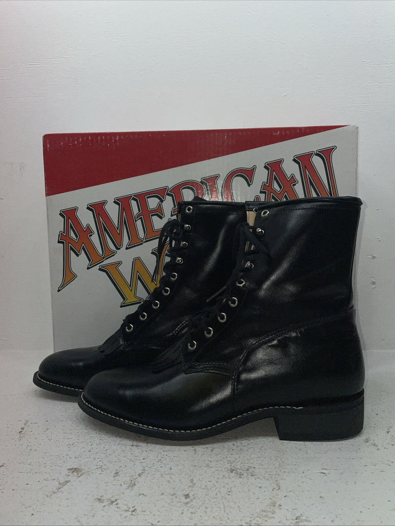 New Men’s Black Lace Up American West Cowboy Boots. 6991 10 E W. 7-103
