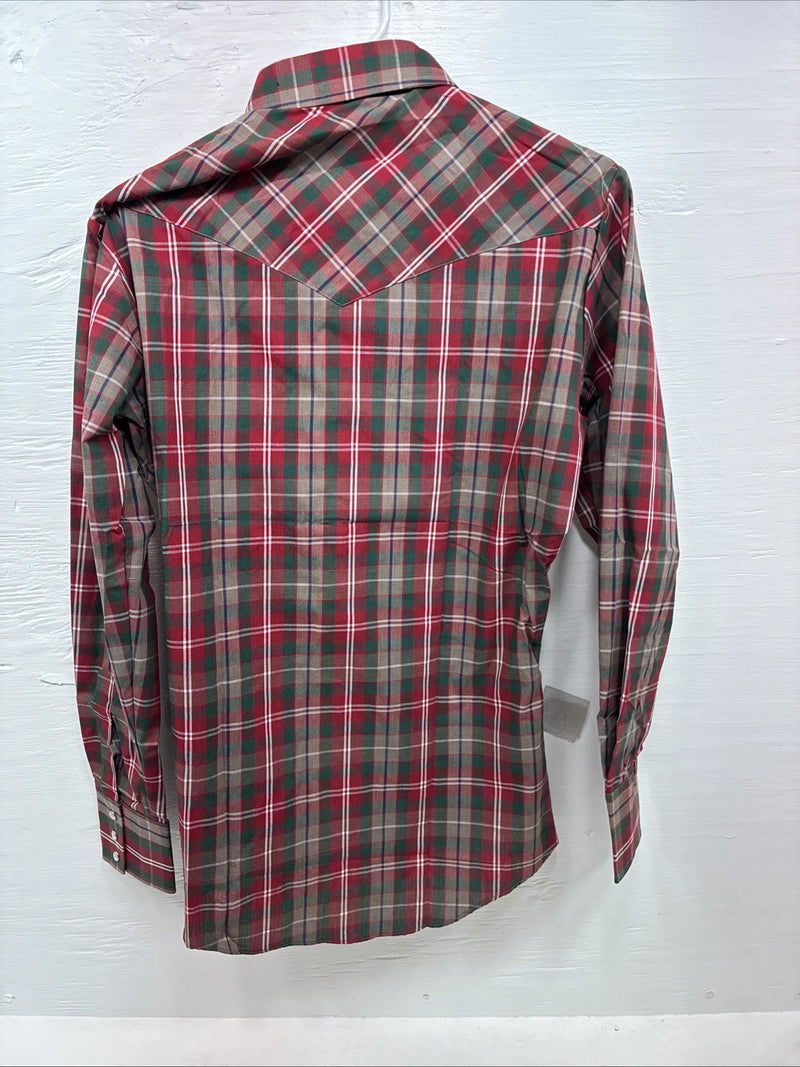 New Men’s ELY Plains Red Plaid Long Sleeve Pearl Snap 14.5 X 33 Small AA-94