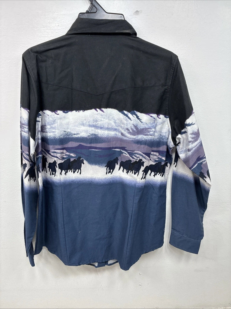 New Women’s Cumberland Blue Horse Design Long Sleeve Pearl Snap Medium YY-83