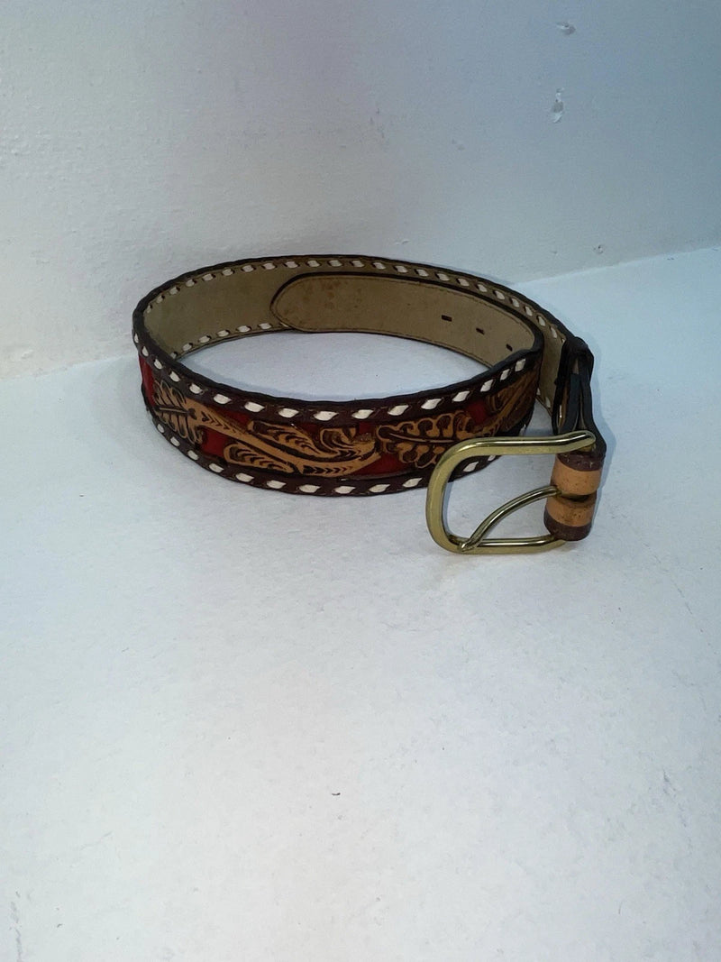 New Red Genuine Leather Longhorn Weaved And Tooled 30” Belt #82828 Z-49