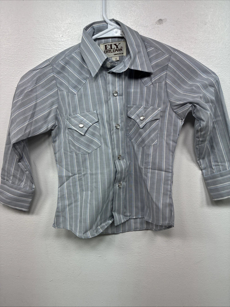 New Kids ELY Cattleman Blue Stripe Long Sleeve Pearl Snap Size 4 YY-62