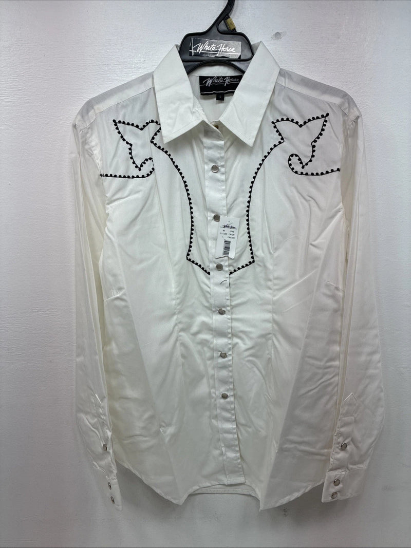 New Women’s White horse White Design Long Sleeve Pearl Snap Large KK-123