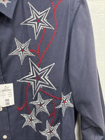 New Girls White Horse Blue Star Design Long Sleeve Pearl Snap Large CC-73