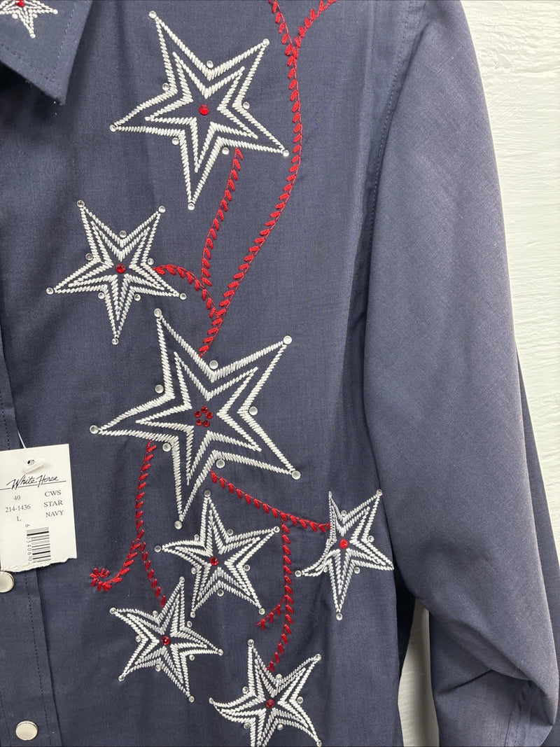 New Girls White Horse Blue Star Design Long Sleeve Pearl Snap Large CC-73
