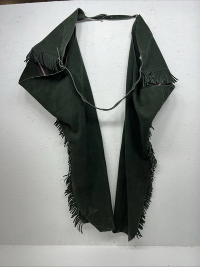 New Green Congress Leather Show Chaps With Fringe Adjustable Waist 51” N-26