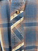 New Men’s ELY 1878 Blue Brown Plaid Long Sleeve Pearl Snap XL T-35