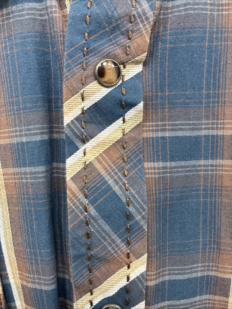 New Men’s ELY 1878 Blue Brown Plaid Long Sleeve Pearl Snap XL T-35
