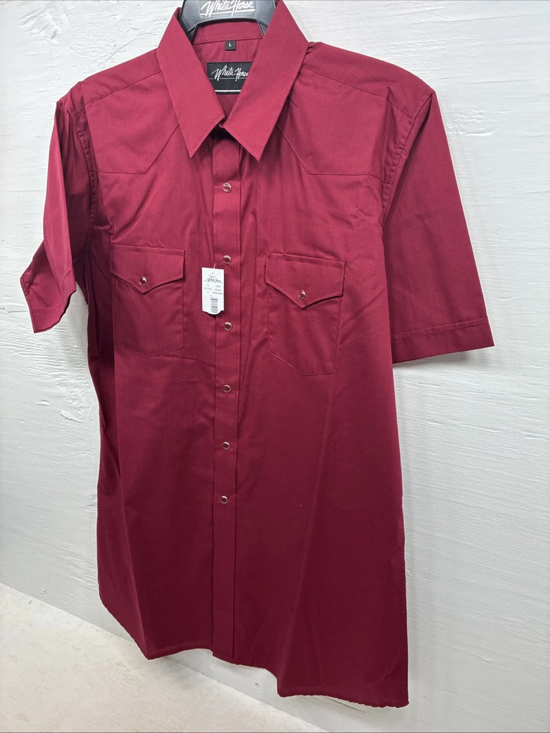 New Men’s White Horse Burgundy Short Sleeve Pearl Snap Large CC-44