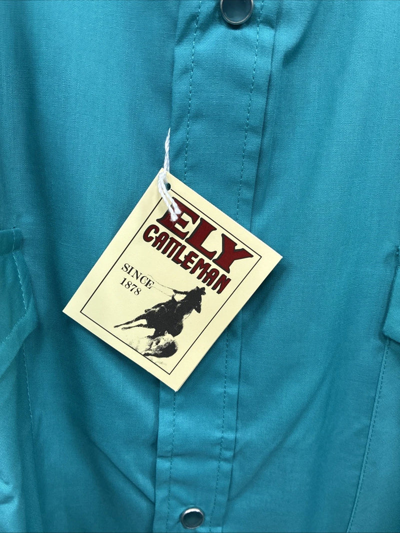 New Men’s ELY Cattleman Teal Short Sleeve Pearl Snap Shirt 17 XL X-107