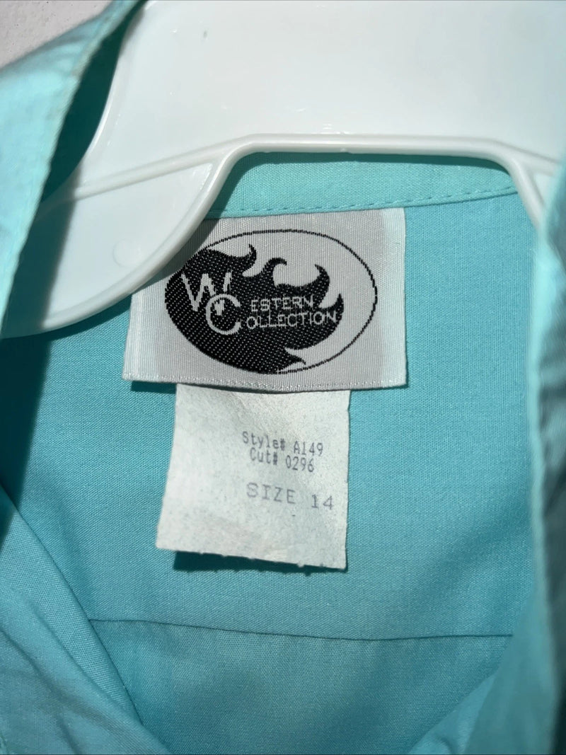 New Women’s Blue Western Collection English Long Sleeve Button Up Shirt 14 3B-76