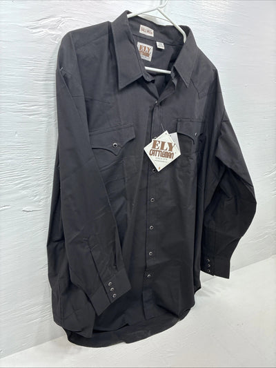 New Men’s ELY Cattleman Black Western Long Sleeve Pearl Snap 2XL F-68