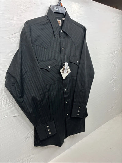New Men’s ELY Cattleman black Stripe Long Sleeve Pearl Snap Medium J-94