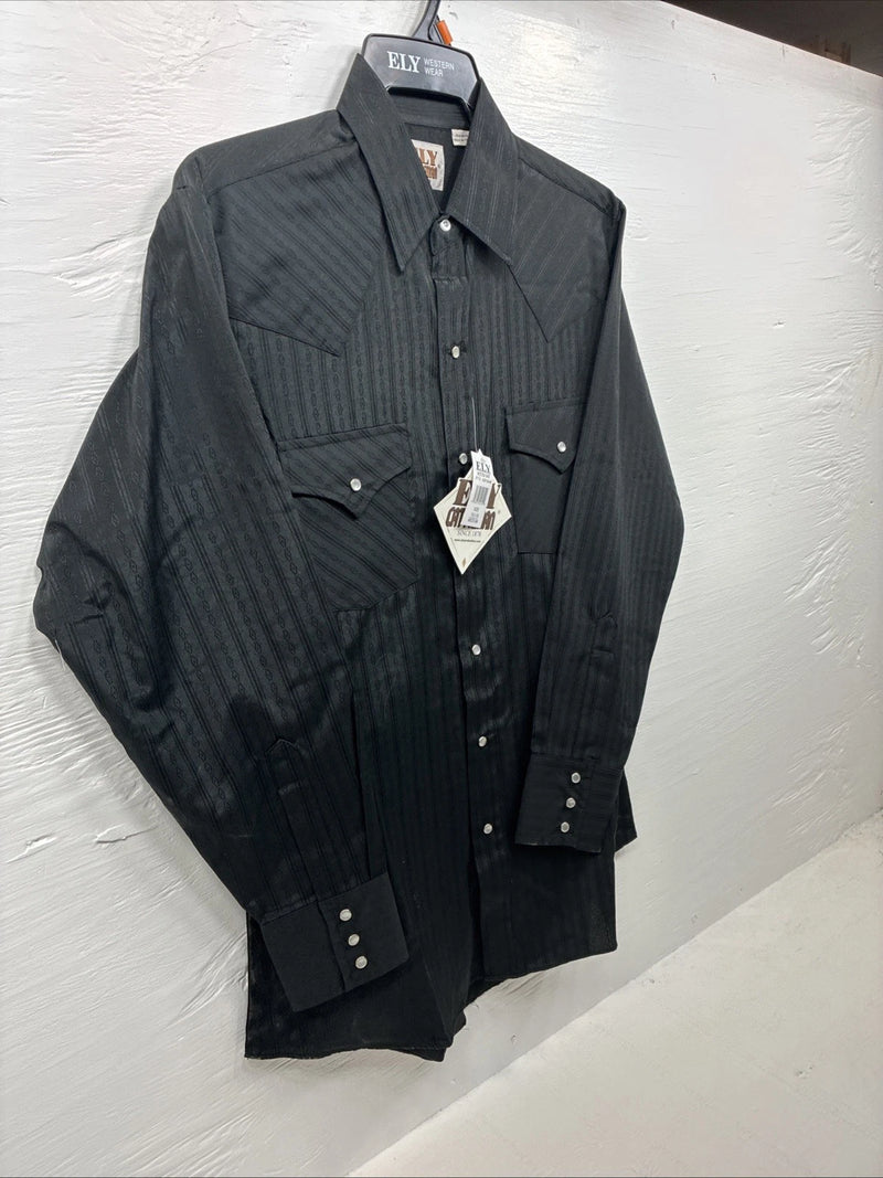 New Men’s ELY Cattleman black Stripe Long Sleeve Pearl Snap Medium J-94