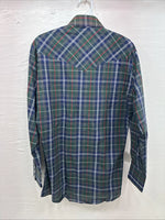 New Men’s ELY Plains Green Plaid Long Sleeve Pearl Snap 14.5 Small X-34