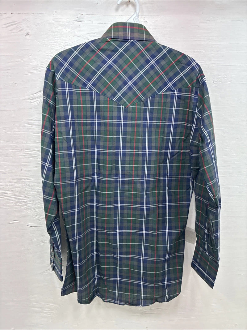 New Men’s ELY Plains Green Plaid Long Sleeve Pearl Snap 14.5 Small X-34